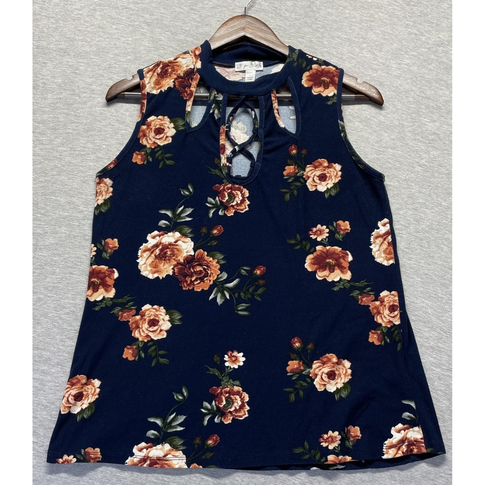 J For Justify Tank Top Women Large Navy Blue Floral Print Sleeveless Cutout Neck